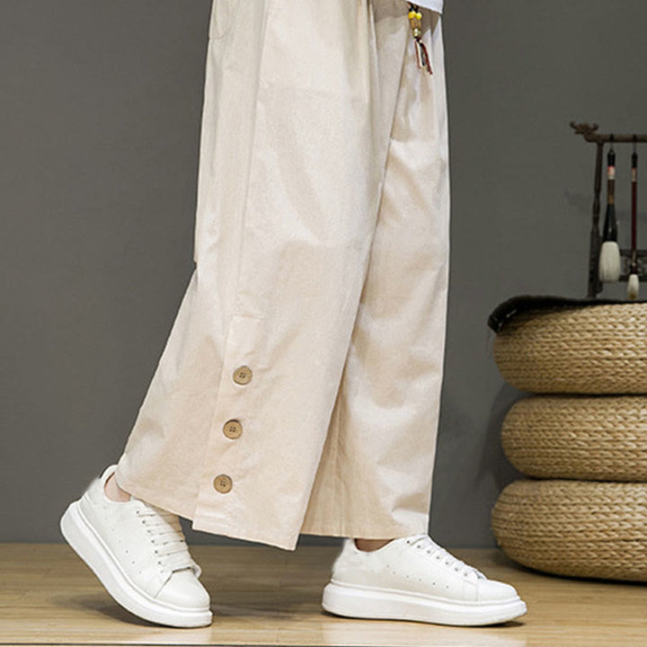Buddha Stones無地リネンボタンドローストリングメンズストレートレッグパンツ(ポケット付き) - image 6
