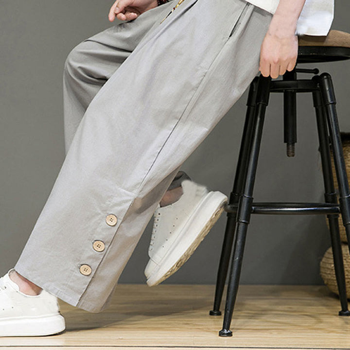 Buddha Stones無地リネンボタンドローストリングメンズストレートレッグパンツ(ポケット付き) - image 25