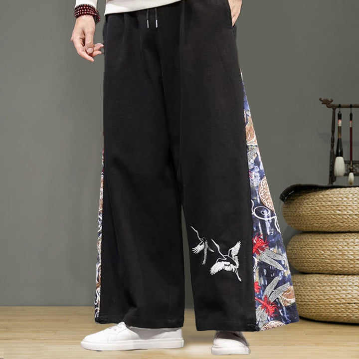 Buddha Stonesと鶴の刺繍入りドローストリングメンズコットンリネンワイドレッグパンツ(ポケット付き) - image 11
