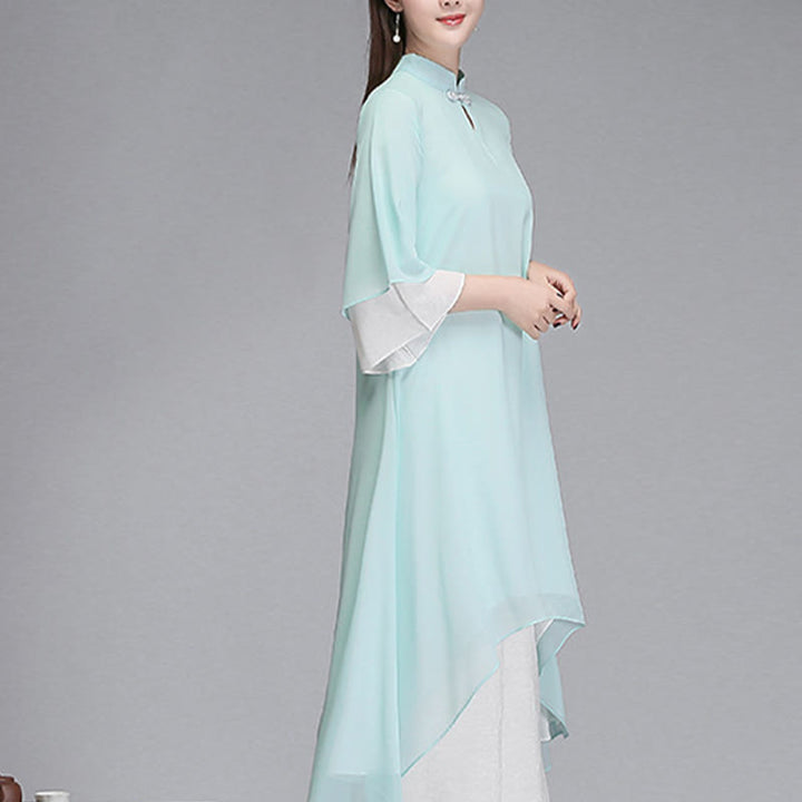 Buddha Stones無地 レディース 七分袖 シフォン イレギュラー シャツドレス ワイドレッグパンツ 瞑想服