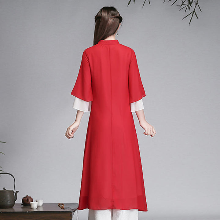 Buddha Stones無地 レディース 七分袖 シフォン イレギュラー シャツドレス ワイドレッグパンツ 瞑想服