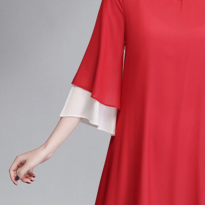 Buddha Stones無地 レディース 七分袖 シフォン イレギュラー シャツドレス ワイドレッグパンツ 瞑想服