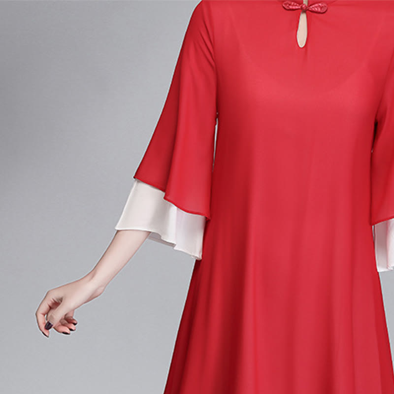 Buddha Stones無地 レディース 七分袖 シフォン イレギュラー シャツドレス ワイドレッグパンツ 瞑想服