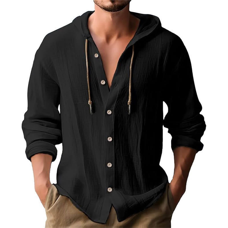 Buddha Stones無地 長袖 フード付き ドローストリング ボタン リネン メンズ シャツ - 黒 - US/UK/AU44、 EU54 (3XL) - image 1