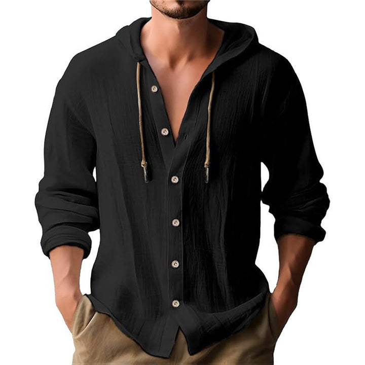 Buddha Stones無地 長袖 フード付き ドローストリング ボタン リネン メンズ シャツ - 黒 - US/UK/AU44、 EU54 (3XL) - image 1