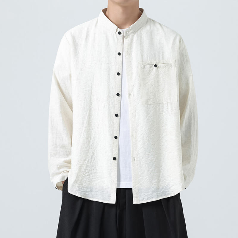 Buddha Stonesヴィンテージ 無地 ボタンダウン スタンドカラー 長袖 メンズ コットンシャツ - 白 - US/UK/AU48、 EU58(5XL) - image 1