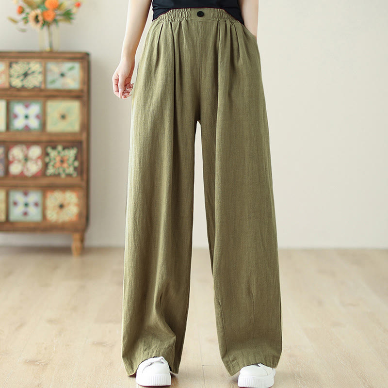 Buddha Stones通勤用ボタンデザイン レディース コットンリネン 伸縮性ウエストバンド ポケット付きパンツ - image 4
