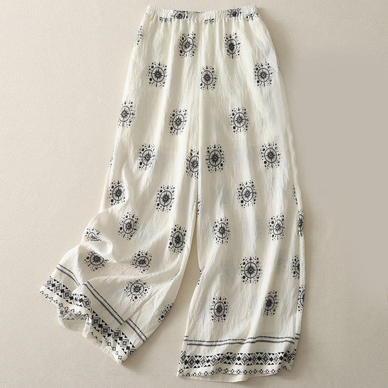 Buddha Stonesボヘミアンプリント天体柄レディースワイドレッグコットンパンツ(ポケット付き) - 白 - US8-10,UK/AU12-14,EU40-42 (2XL) - image 5