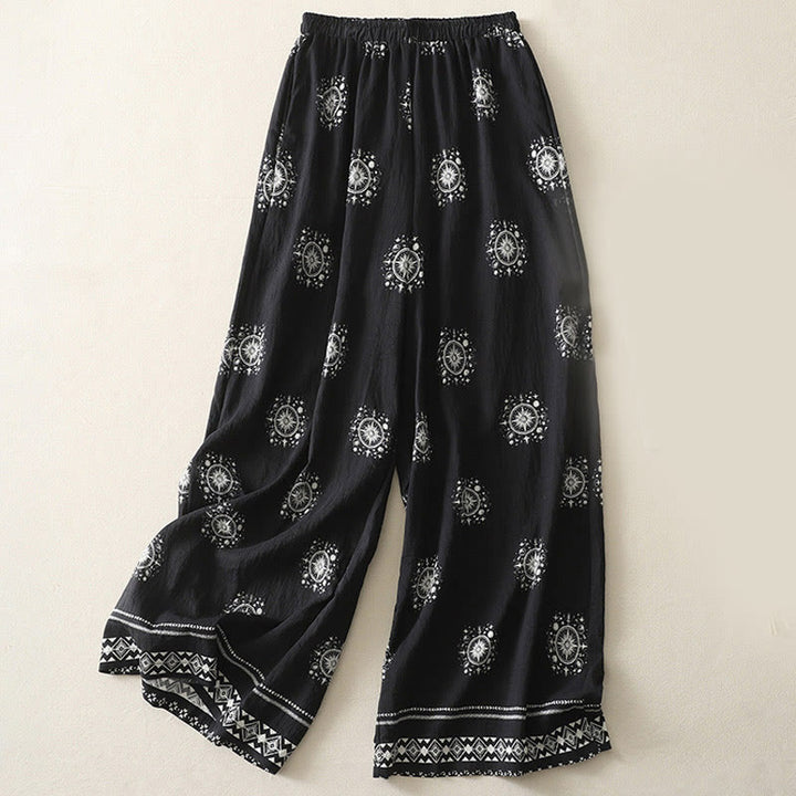 Buddha Stonesボヘミアンプリント天体柄レディースワイドレッグコットンパンツ(ポケット付き) - 黒 - US8-10,UK/AU12-14,EU40-42 (2XL) - image 1