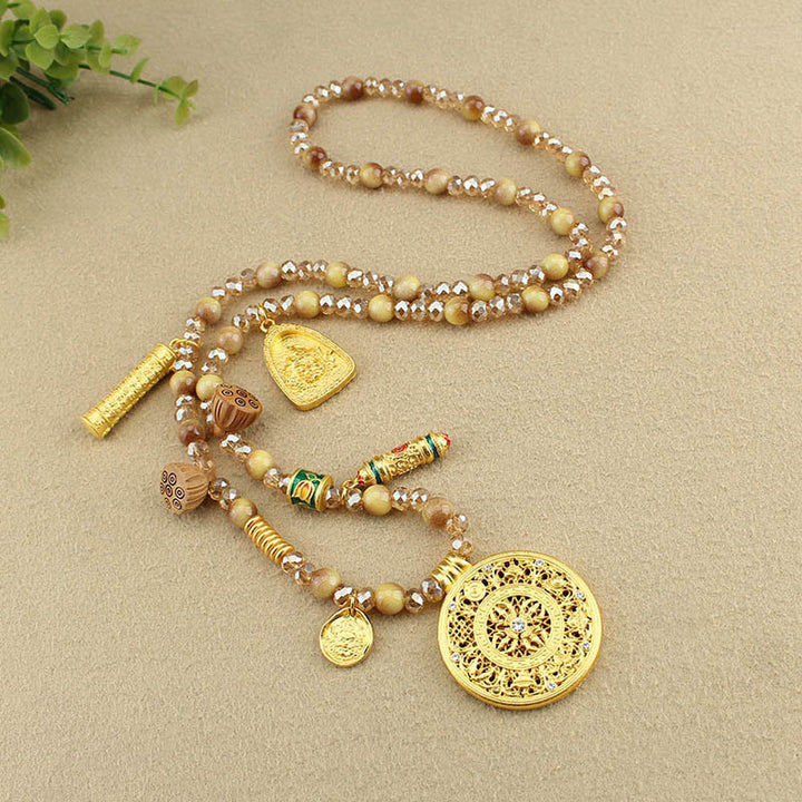Buddha Stonesチベット蓮ラウンドプレートゴールデンタイガーアイビーズネックレスペンダント - image 9