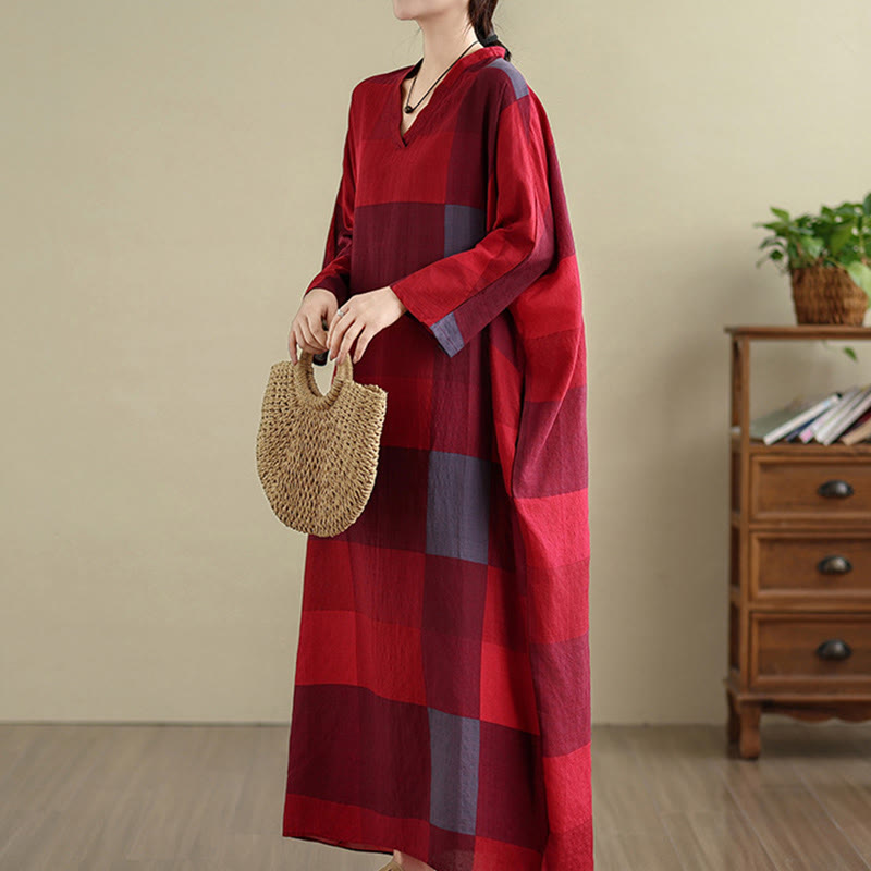 Buddha Stonesのスプライスチェック柄コットンリネンレディースマキシドレス(ポケット付き) - image 11