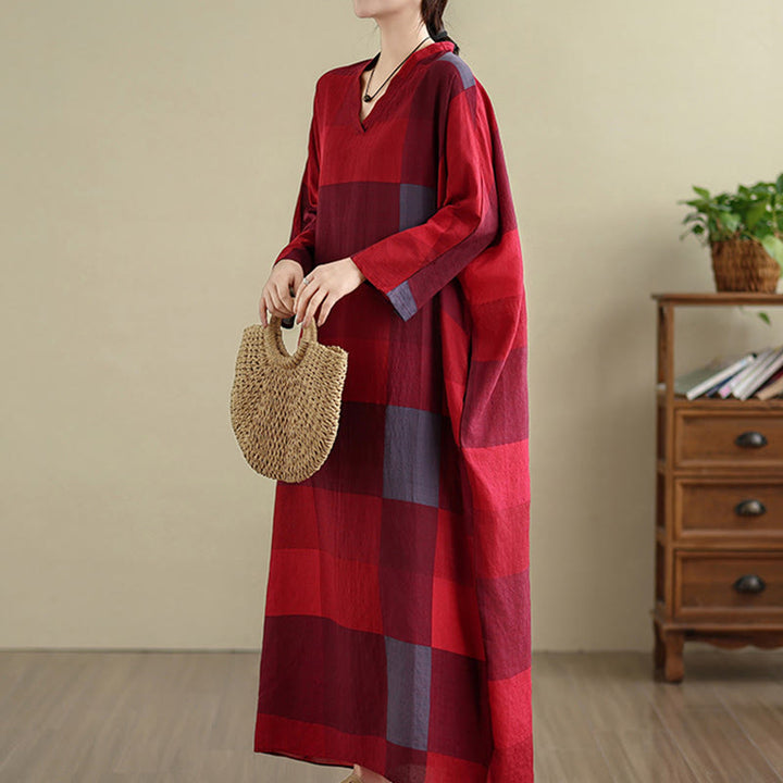 Buddha Stonesのスプライスチェック柄コットンリネンレディースマキシドレス(ポケット付き) - image 11