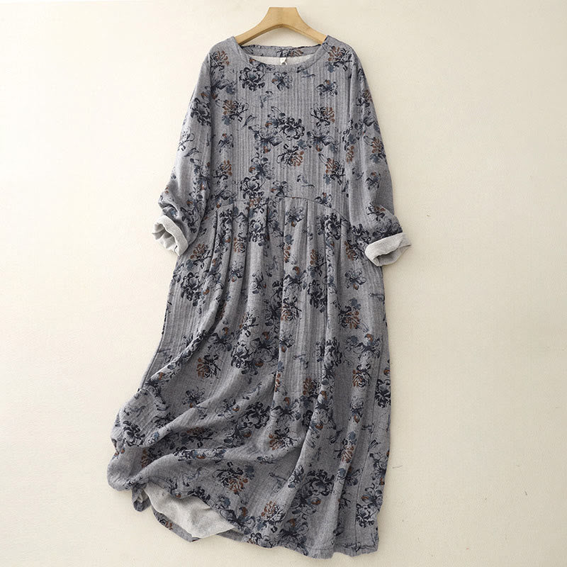 Buddha Stonesカジュアル小花柄クルーネックコットンリネンミディドレス(ポケット付き) - グレー - US8-10,UK/AU12-14,EU40-42 (2XL) - image 12