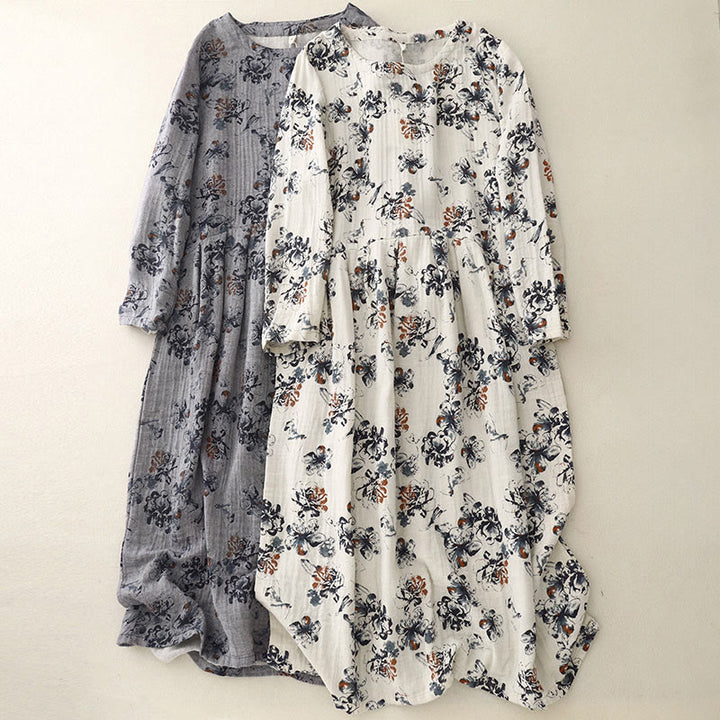 Buddha Stonesカジュアル小花柄クルーネックコットンリネンミディドレス(ポケット付き) - image 21