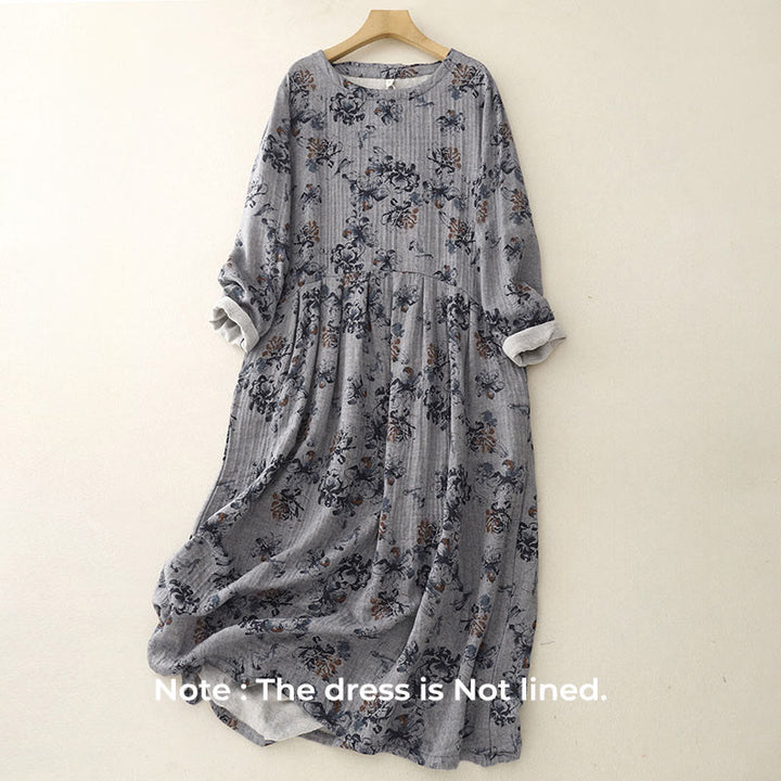 Buddha Stonesカジュアル小花柄クルーネックコットンリネンミディドレス(ポケット付き) - image 13