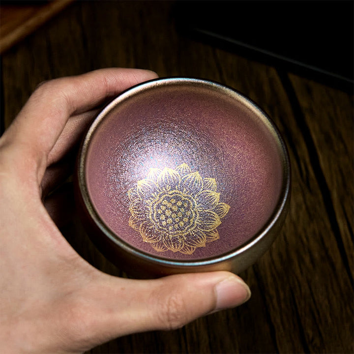 Buddha Stones手作り中国Jianzhanゴールデン蓮の花セラミックティーカップカンフーティーカップ150ml - image 4