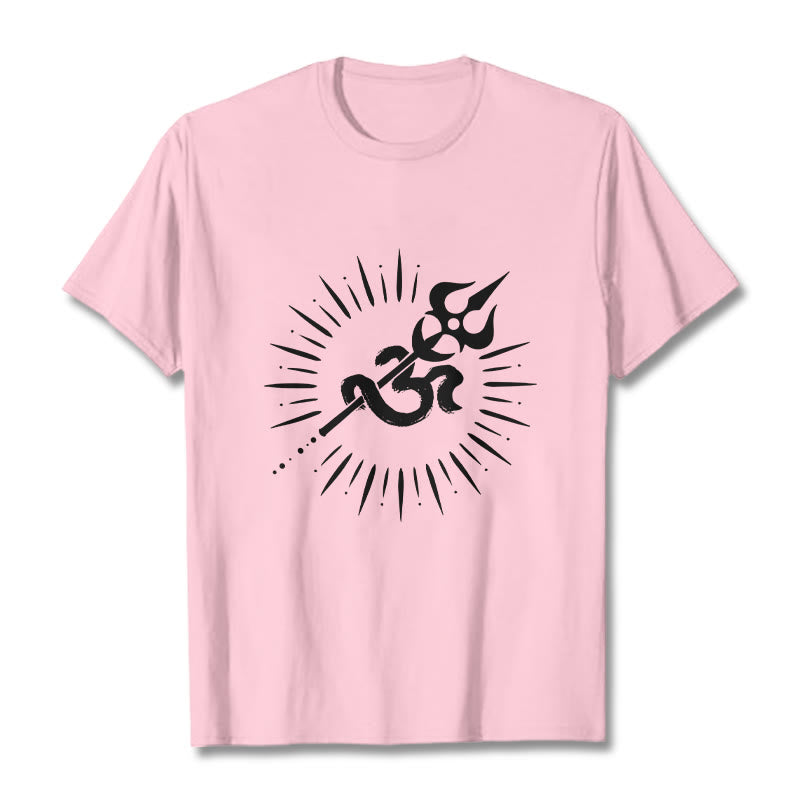Buddha Stonesカジュアルオームシンボルトライデント放射状ライン柄コットンTシャツ - ライトピンク - 2XL - image 13