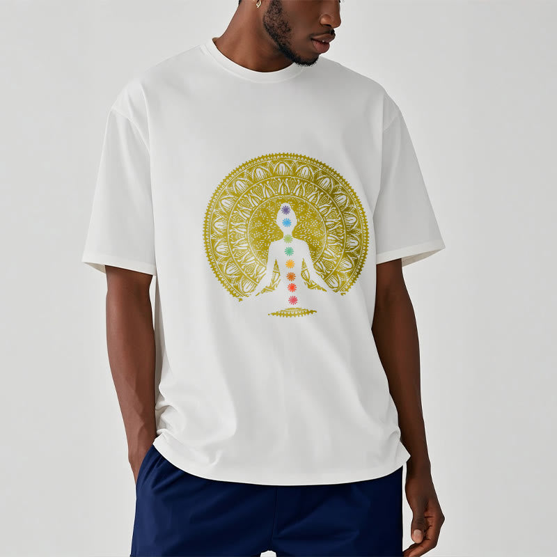 Buddha Stonesカジュアル カラフル チャクラ シンボル 黄金 瞑想 フィギュア パターン コットン Tシャツ - image 7