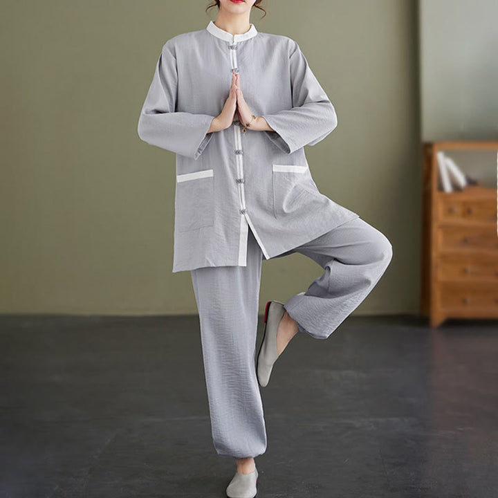 Buddha Stones 2点セット コットン 太極拳シャツ トップパンツ 瞑想 禅服 レディース セット - ライトスチールブルー - US8-10,UK/AU12-14,EU40-42 (2XL) - image 1