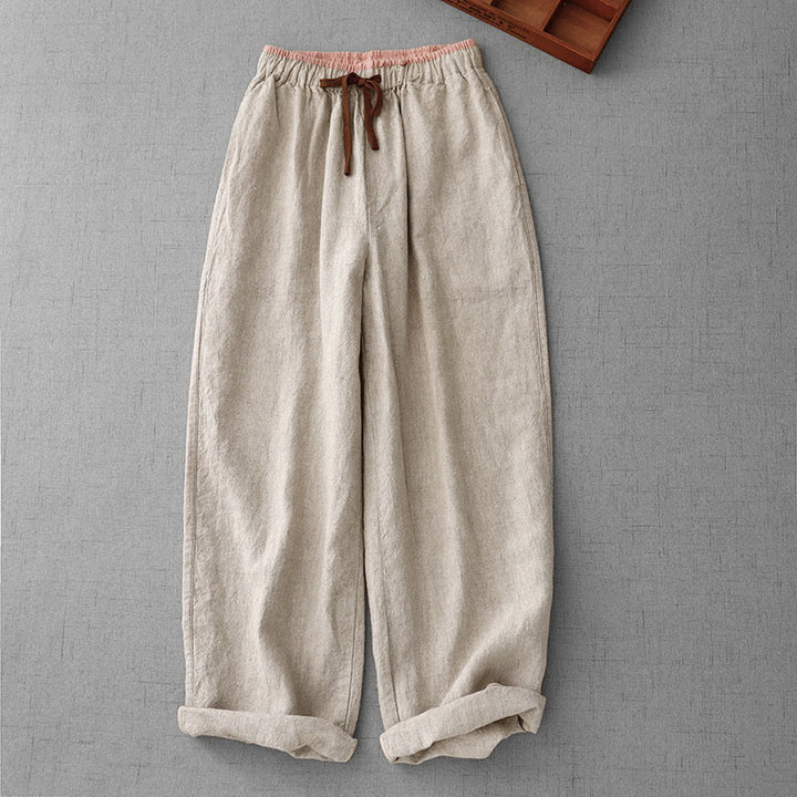 Buddha Stonesカジュアル デイリー ドローストリング シンプルデザイン レディース コットンリネン パンツ ポケット付き - ベージュ - US8-10,UK/AU12-14,EU40-42 (2XL) - image 1