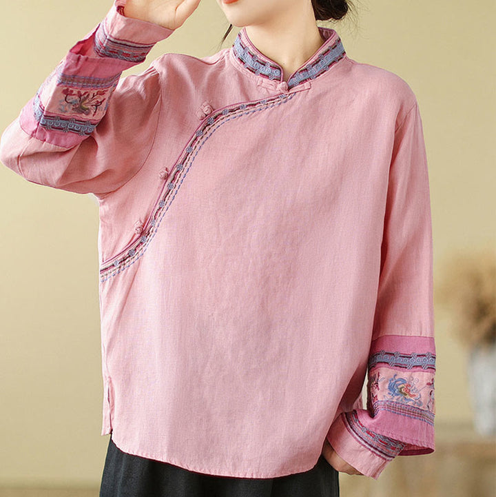 Buddha Stones刺繍入り斜めボタンコットンリネンレディースシャツ - ピンク - US8-10,UK/AU12-14,EU40-42 (2XL) - image 13