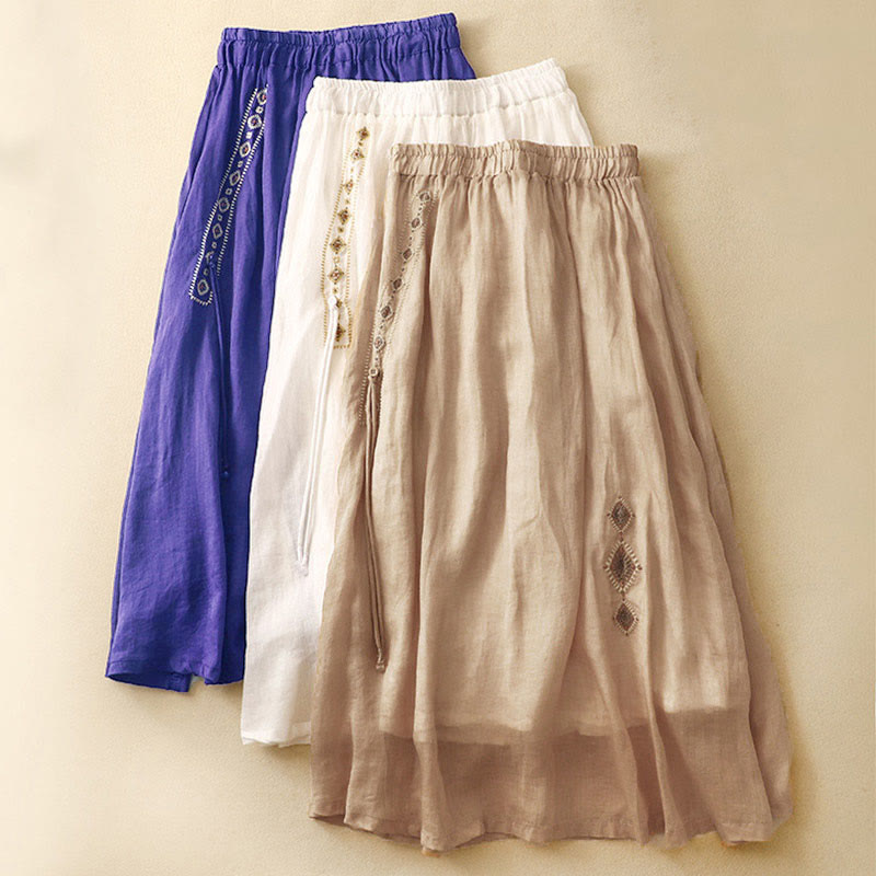 Buddha Stonesエスニックヴィンテージ刺繍ボタンデザインレディースコットンリネン7-8丈スカート - image 18