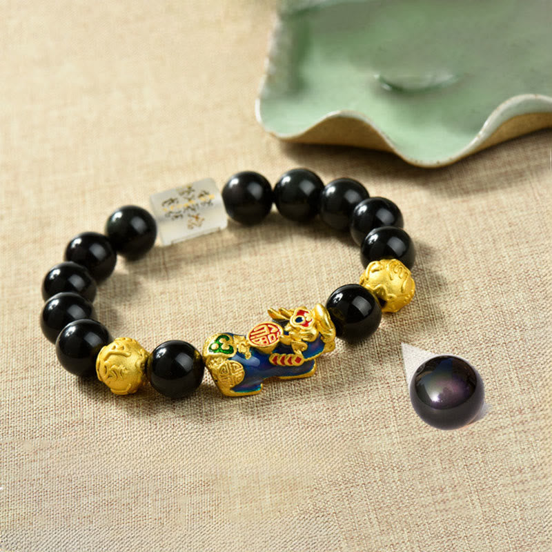 Buddha Stones風水 銅製PiXiu黒曜石 ビーズ開運財運ブレスレット - オーム・マニ・パドメ・フム&フーキャラクター&色が変わるPiXiu(手首周り:18~19cm) - image 1