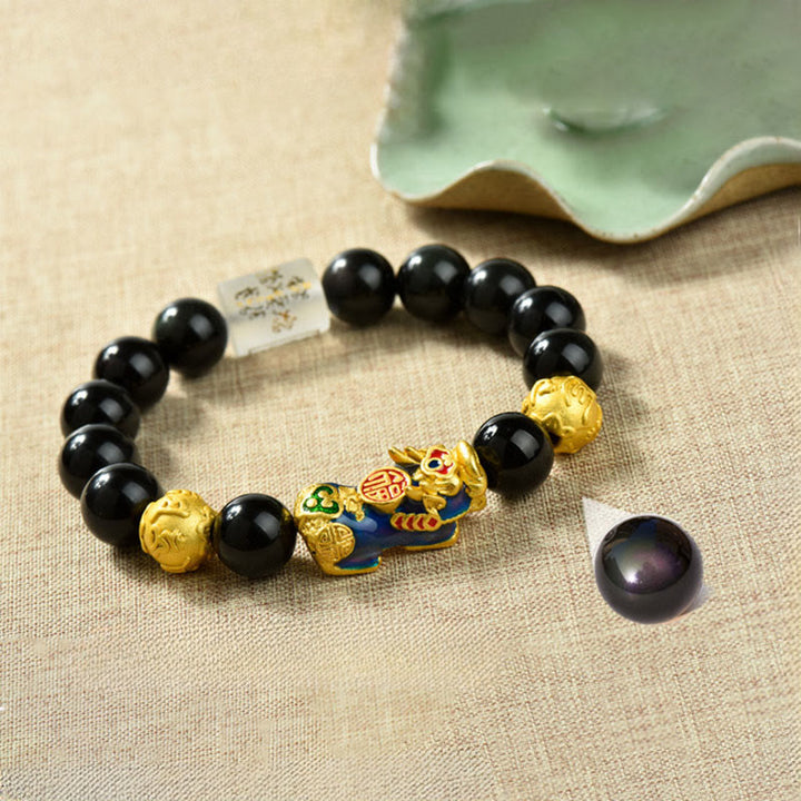 Buddha Stones風水 銅製PiXiu黒曜石 ビーズ開運財運ブレスレット - オーム・マニ・パドメ・フム&フーキャラクター&色が変わるPiXiu(手首周り:18~19cm) - image 1