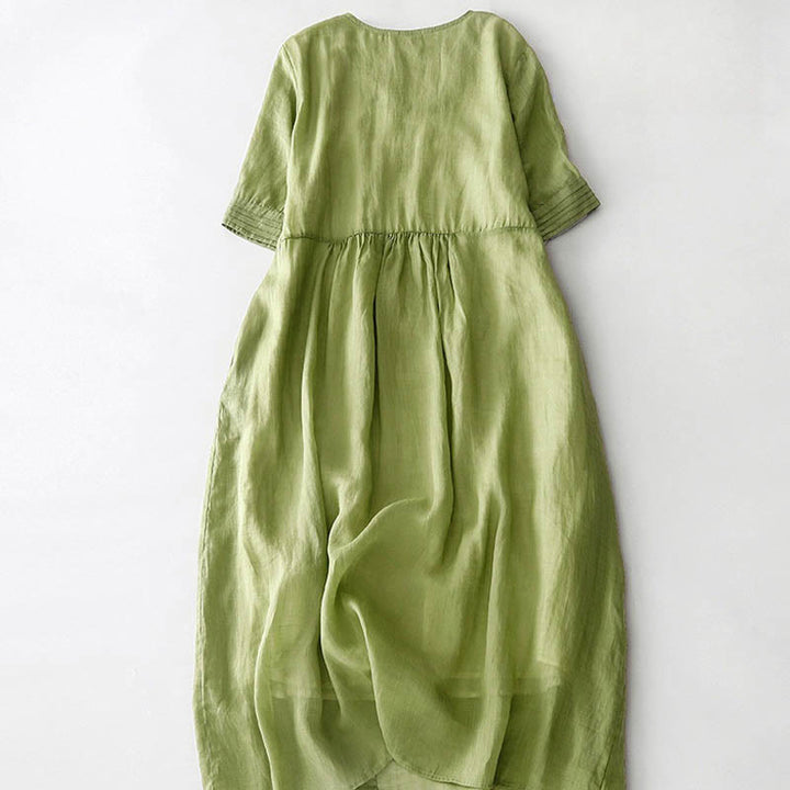 Buddha Stonesカジュアル アコーディオンプリーツ 無地 Vネック 半袖 コットン ミディドレス ポケット付き - image 13