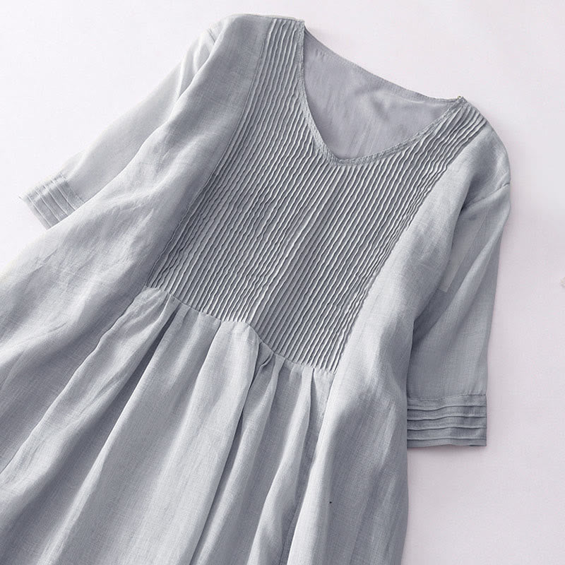 Buddha Stonesカジュアル アコーディオンプリーツ 無地 Vネック 半袖 コットン ミディドレス ポケット付き - image 23