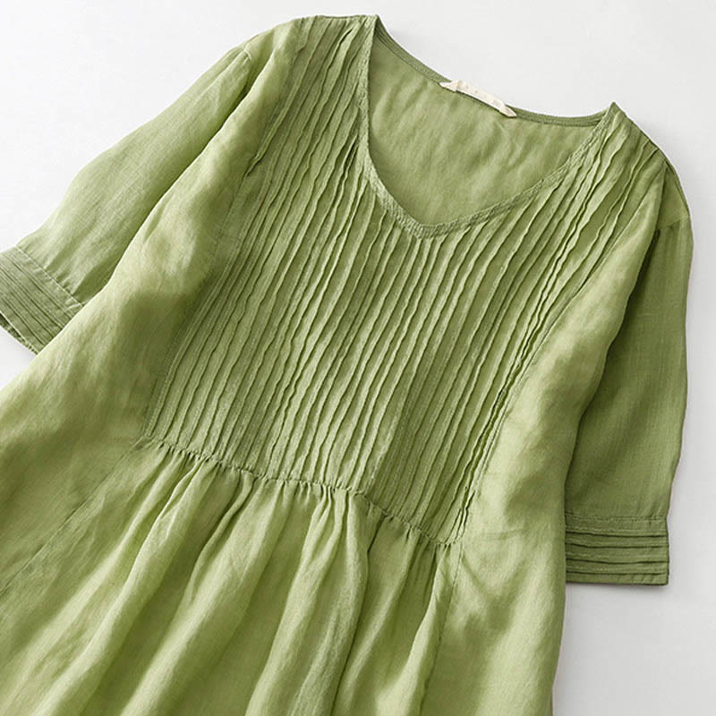 Buddha Stonesカジュアル アコーディオンプリーツ 無地 Vネック 半袖 コットン ミディドレス ポケット付き - image 17