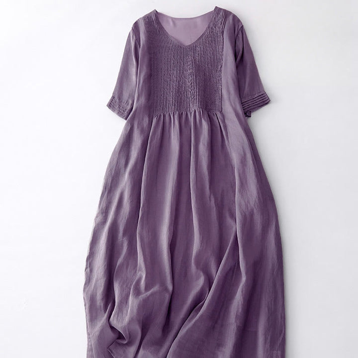 Buddha Stonesカジュアル アコーディオンプリーツ 無地 Vネック 半袖 コットン ミディドレス ポケット付き - image 4