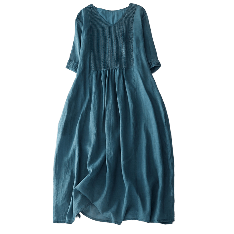 Buddha Stonesカジュアル アコーディオンプリーツ 無地 Vネック 半袖 コットン ミディドレス ポケット付き - image 38