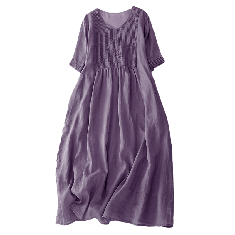 Buddha Stonesカジュアル アコーディオンプリーツ 無地 Vネック 半袖 コットン ミディドレス ポケット付き - image 6