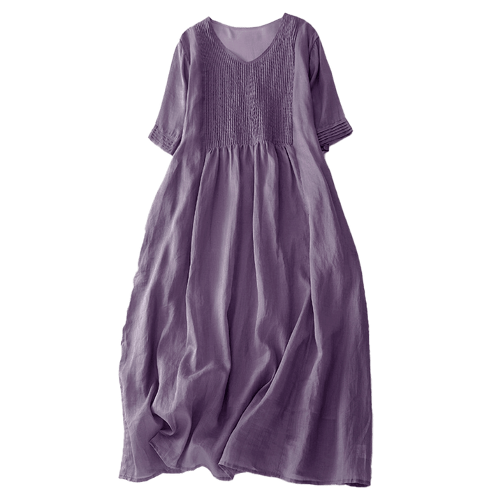 Buddha Stonesカジュアル アコーディオンプリーツ 無地 Vネック 半袖 コットン ミディドレス ポケット付き - image 6