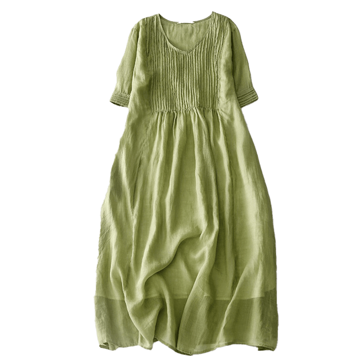 Buddha Stonesカジュアル アコーディオンプリーツ 無地 Vネック 半袖 コットン ミディドレス ポケット付き - image 14