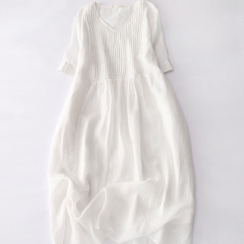 Buddha Stonesカジュアル アコーディオンプリーツ 無地 Vネック 半袖 コットン ミディドレス ポケット付き - 雪 - US14、 UK/AU18、 EU46 (2XL) - image 45