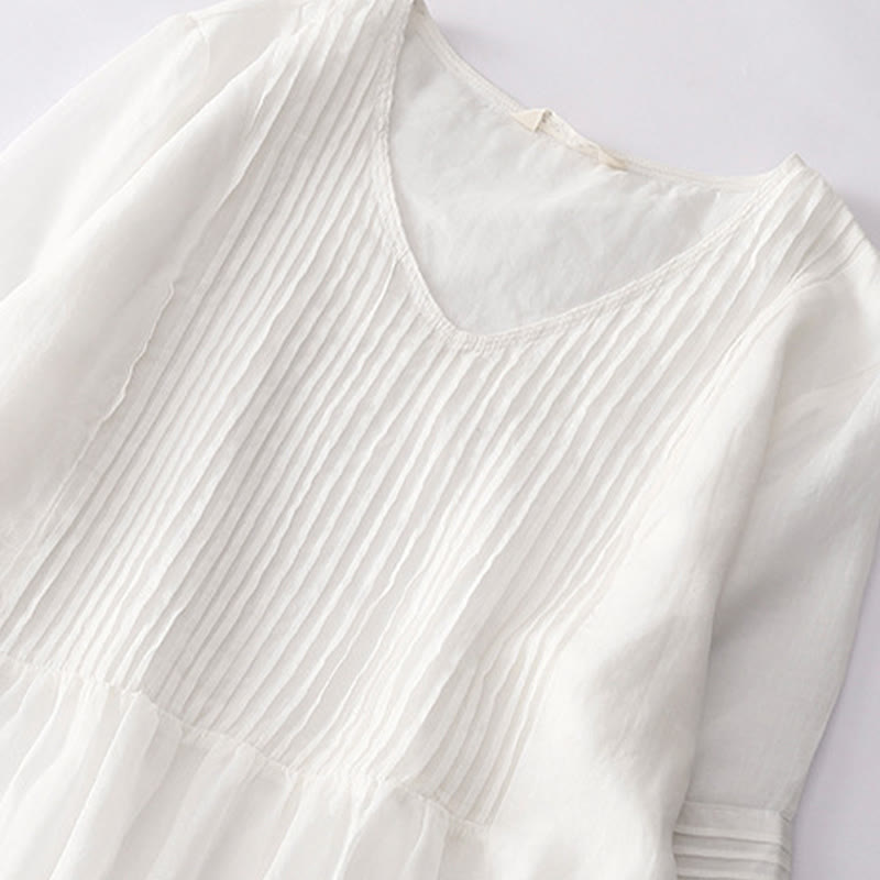 Buddha Stonesカジュアル アコーディオンプリーツ 無地 Vネック 半袖 コットン ミディドレス ポケット付き - image 47