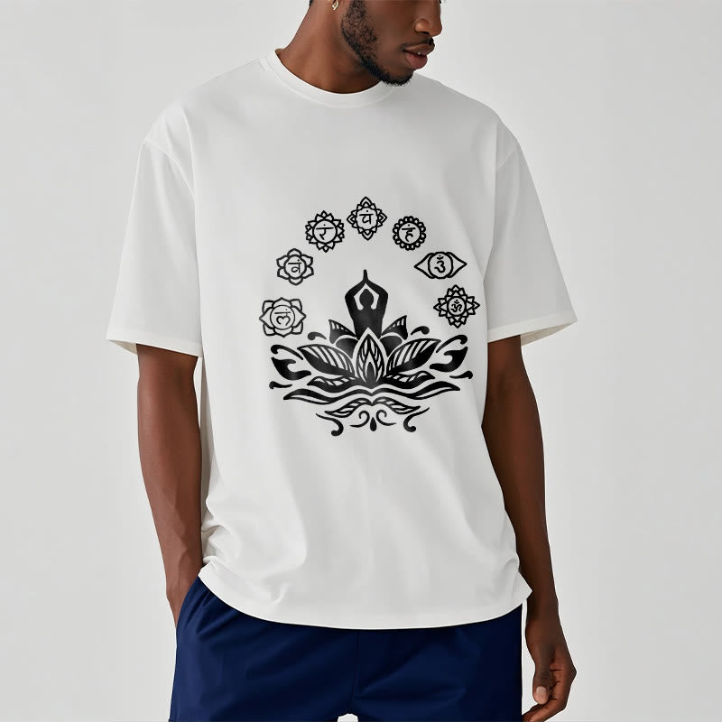 Buddha Stonesカジュアル 瞑想図 蓮の花 7つのチャクラ柄 コットンTシャツ - image 9