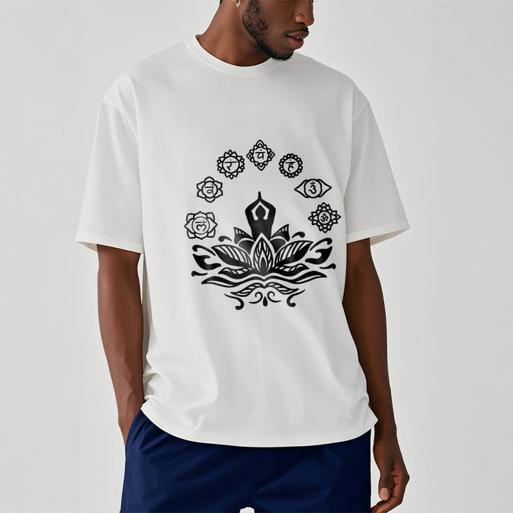 Buddha Stonesカジュアル 瞑想図 蓮の花 7つのチャクラ柄 コットンTシャツ - image 9