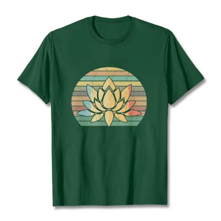 Buddha Stonesカジュアルレトロストライプ背景蓮の花柄コットンTシャツ - フォレストグリーン - 2XL - image 11