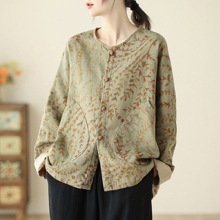 Buddha Stonesリーフプリントレディースコットンリネンジャケット(ポケット付き) - ダークカーキ - US14、 UK/AU18、 EU46 (2XL) - image 1
