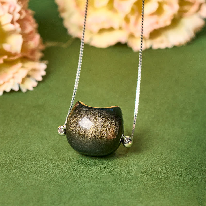 Buddha Stones 925スターリングシルバー ナチュラルシルバー シーンオブシディアン ゴールドシーンオブシディアン キャットネックレス - ゴールドシーンオブシディアン - image 5