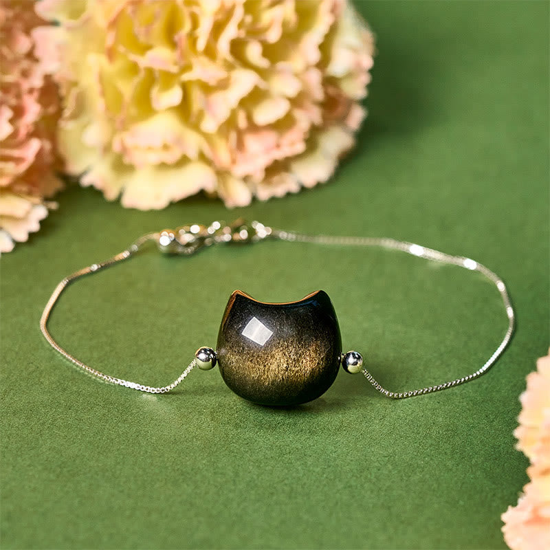 Buddha Stones925 スターリングシルバー シルバーシーンオブシディアン ゴールドシーンオブシディアン 猫の癒しブレスレット - ゴールドシーンオブシディアン - 17~22cm - image 10