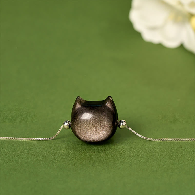 Buddha Stones925 スターリングシルバー シルバーシーンオブシディアン ゴールドシーンオブシディアン 猫の癒しブレスレット - image 3