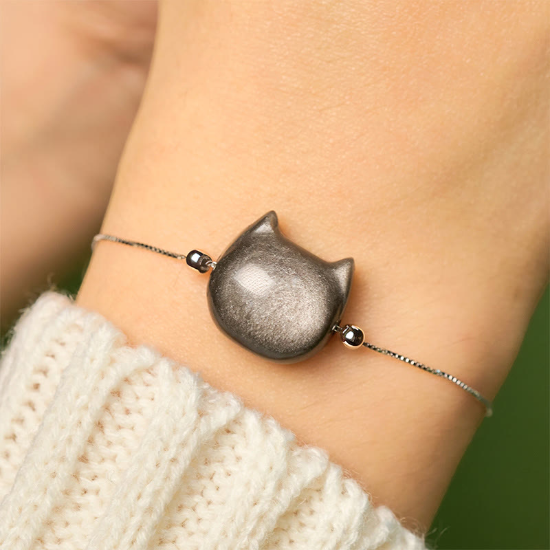 Buddha Stones925 スターリングシルバー シルバーシーンオブシディアン ゴールドシーンオブシディアン 猫の癒しブレスレット - image 2