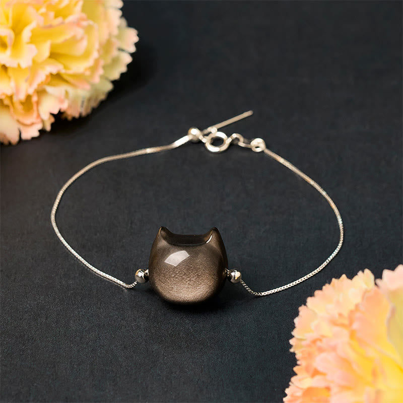 Buddha Stones925 スターリングシルバー シルバーシーンオブシディアン ゴールドシーンオブシディアン 猫の癒しブレスレット - image 4