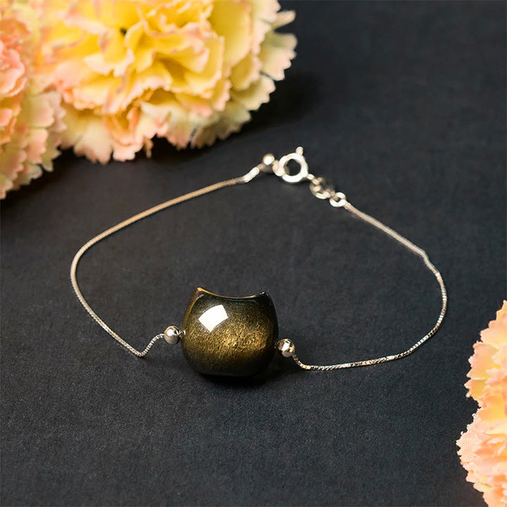 Buddha Stones925 スターリングシルバー シルバーシーンオブシディアン ゴールドシーンオブシディアン 猫の癒しブレスレット - image 14