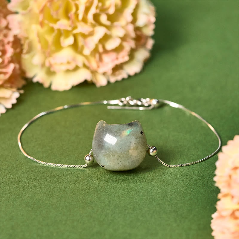 Buddha Stones 925スターリングシルバー 顔のない猫の頭 天然ラブラドライト ヒーリングブレスレット - 18~22cm - image 0