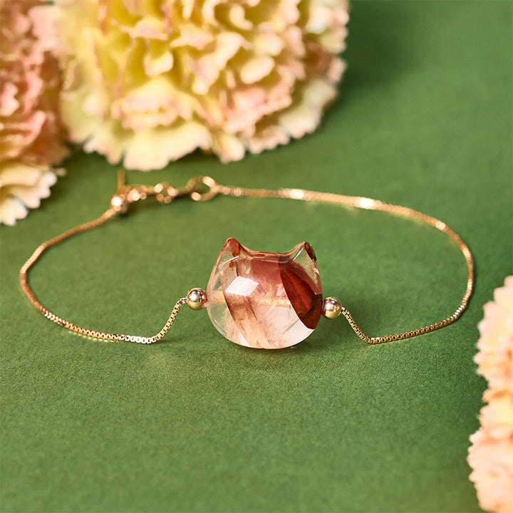 Buddha Stones 925スターリングシルバー 顔なし猫の頭 天然レッドフラワークォーツ パッションブレスレット - 18~22cm - image 0